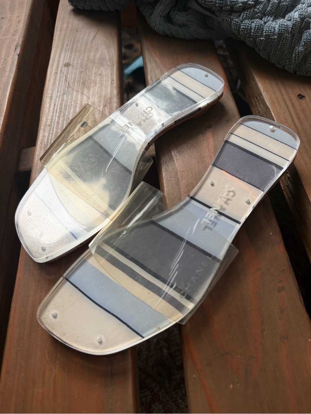 CHANEL Clear PVC Slide Sandals with Blue and Cream Striped Insole